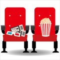 Cinema hall chair, popcorn, 3d glasses, tickets icon vector Royalty Free Stock Photo